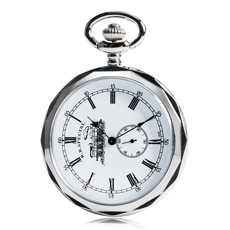 Silver Hand Winding Pocket Watch with Chain Open Face Railway Engine Mechanical