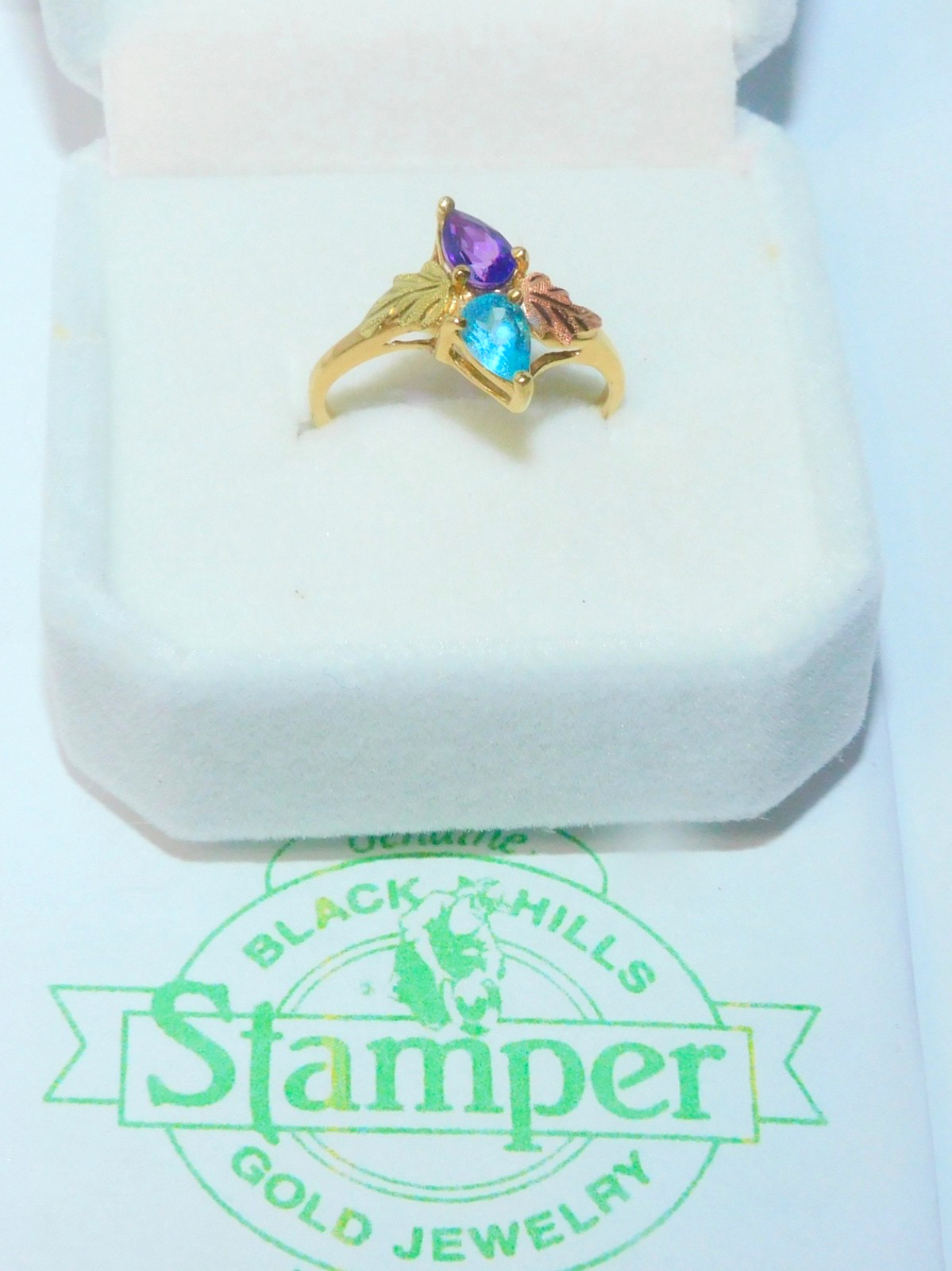 Black Hills Gold 10k Amethyst Topaz Leaf Ring Size 7