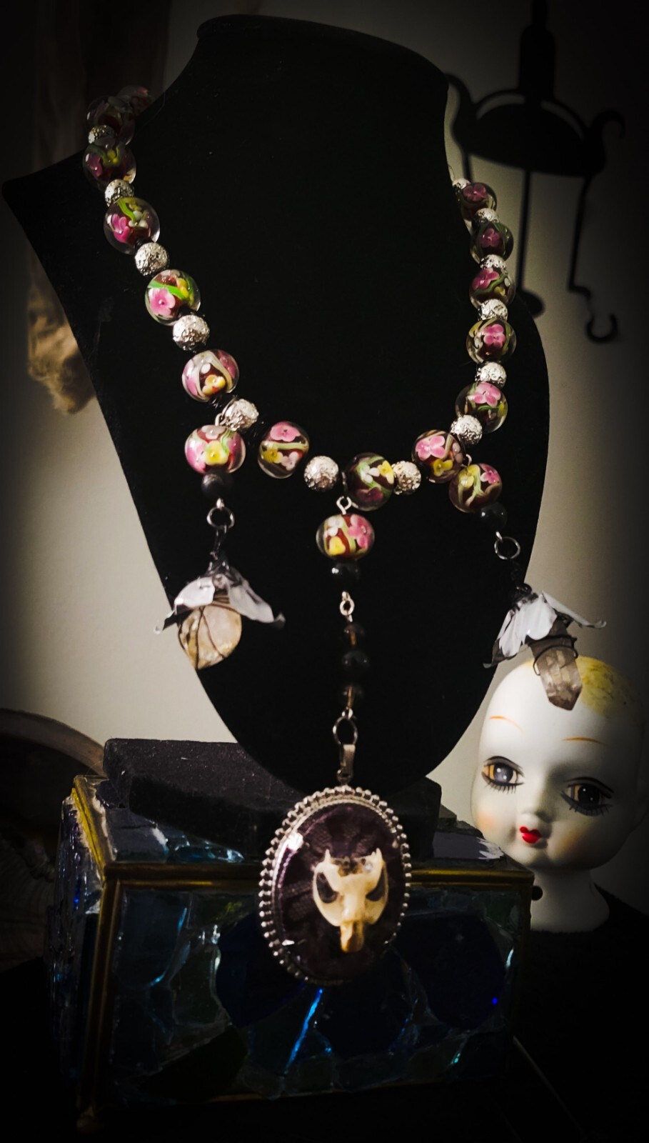 Handcrafted Necklace, Earring Set- Upcycled Vintage Beads, Animal Bones, Quartz