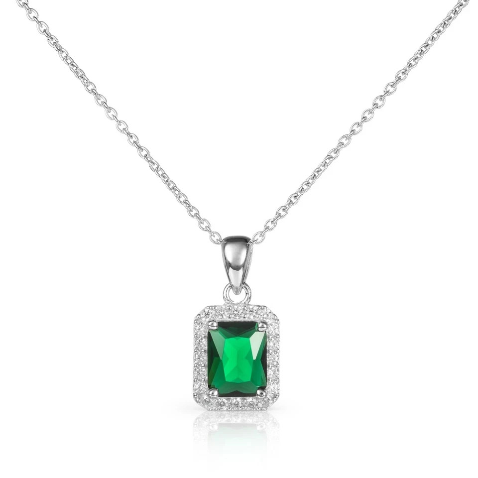 Sterling Silver Emerald Green Halo Pendant Necklace for Women