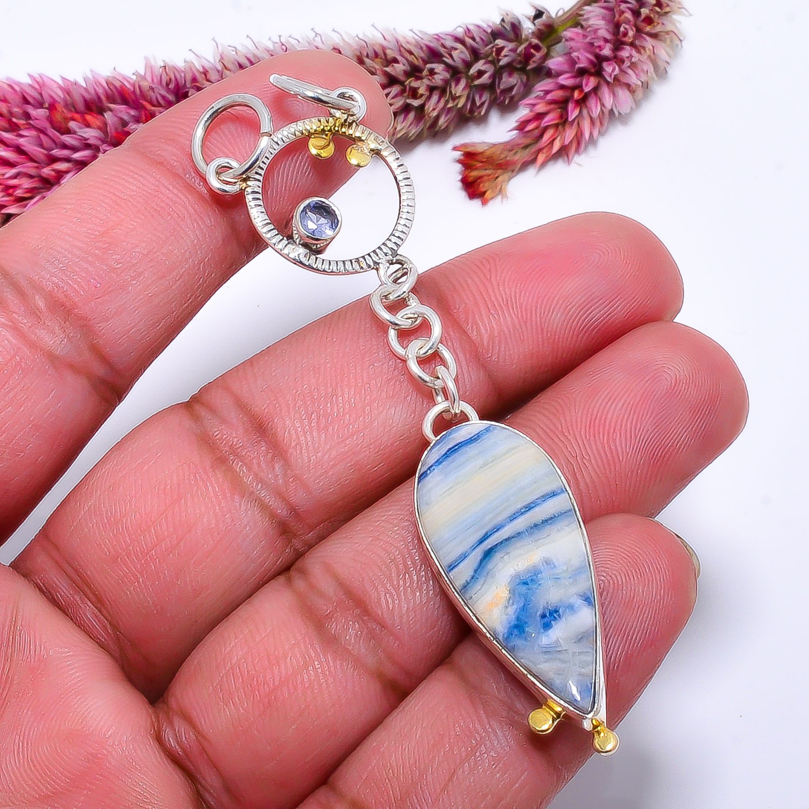 Blue Scheelite – Turkey & Iolite 925 Sterling Silver Two Tone Pendant 3.12″ P40