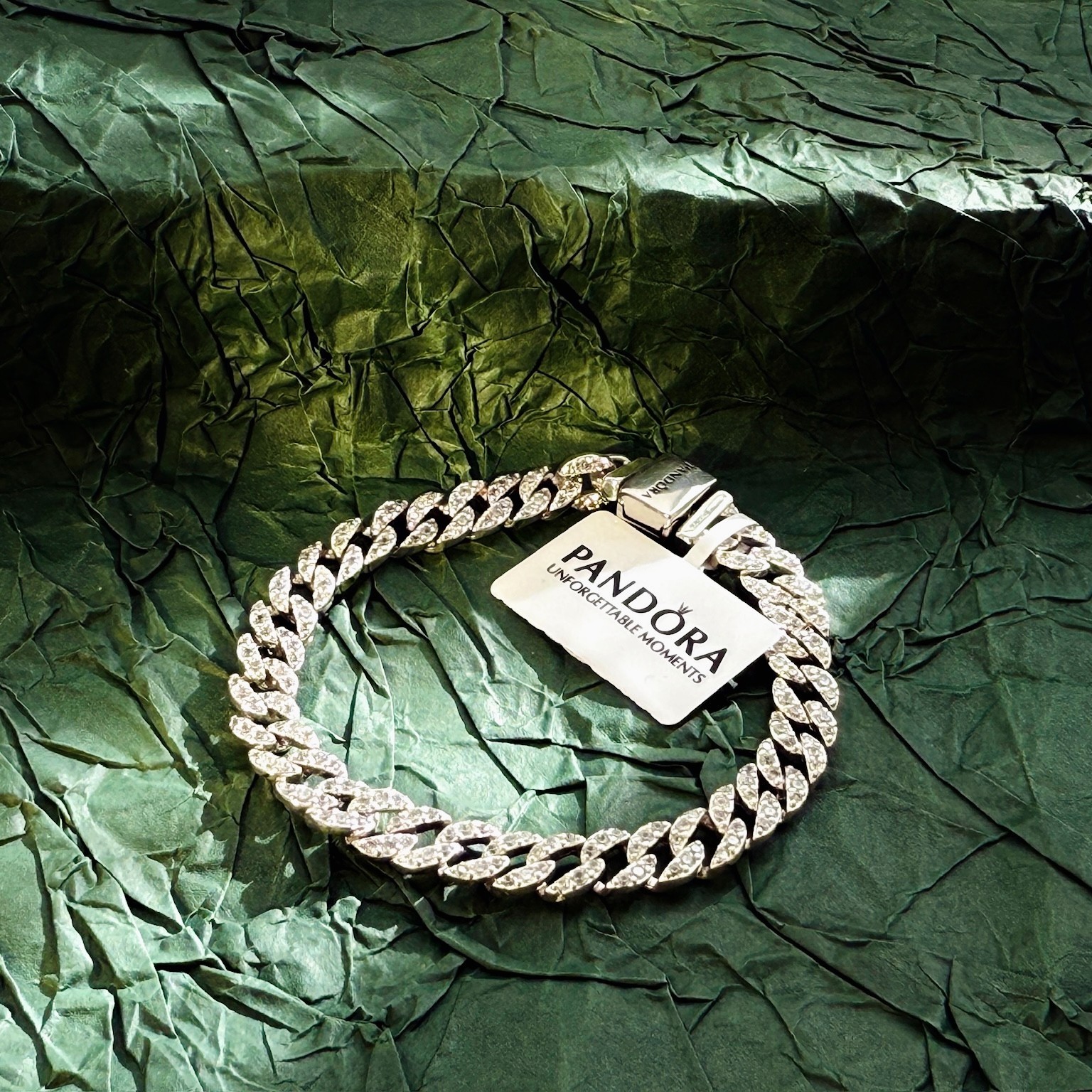 Pandora Timeless New Pavé Cuban Chain Unisex Sterling Silver Bracelet, 6.3 in
