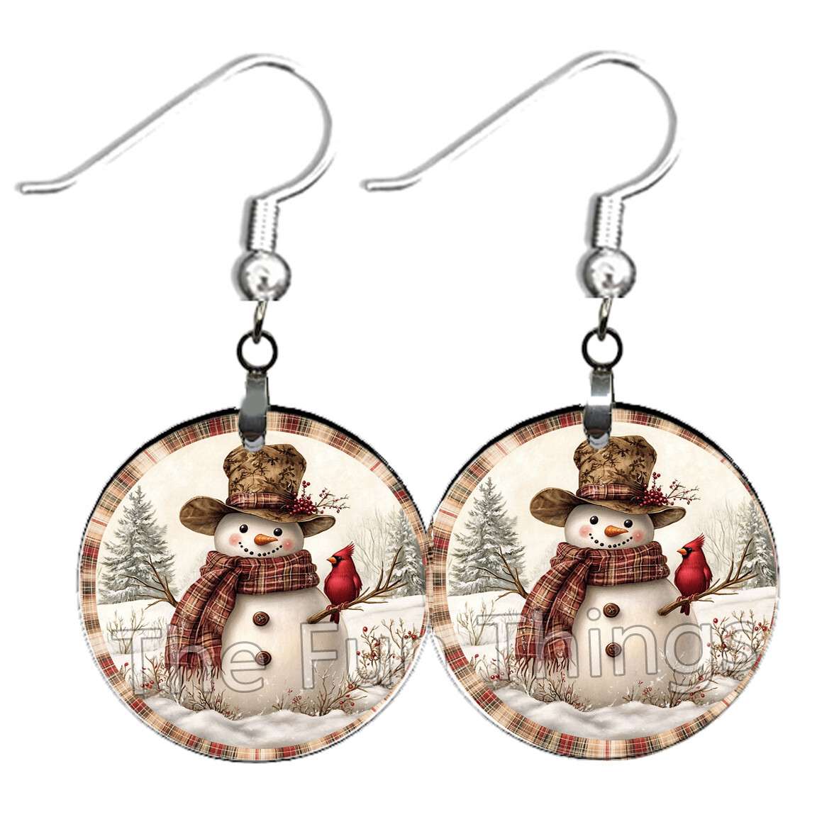 Rustic Plaid Scarf Snowman Earrings NO TARNISH Wood Dangle Winter Cardinal Bird