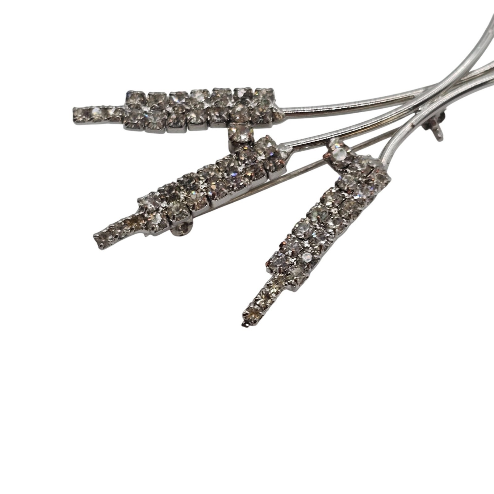 VTG Brooch Botanical Fall Harvest Cattail Silver Tone Floral STMT Rhinestone Pin