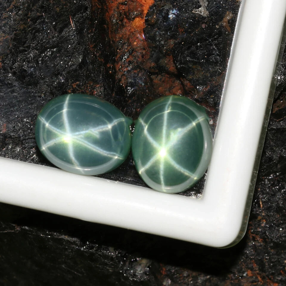 Natural Genuine 6 Rays Green Star Sapphire 17.70 Ct. Oval Shape Loose Gems Pair
