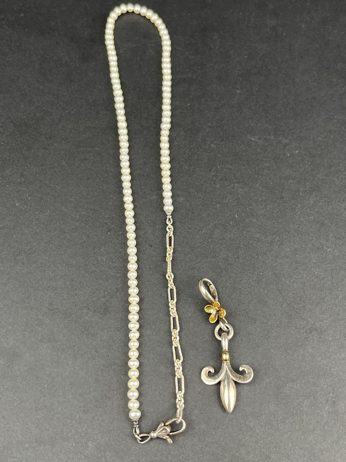 Ann King Sterling & 18K Gold Pearl Necklace w/ Fleur-de-Lis Pendant