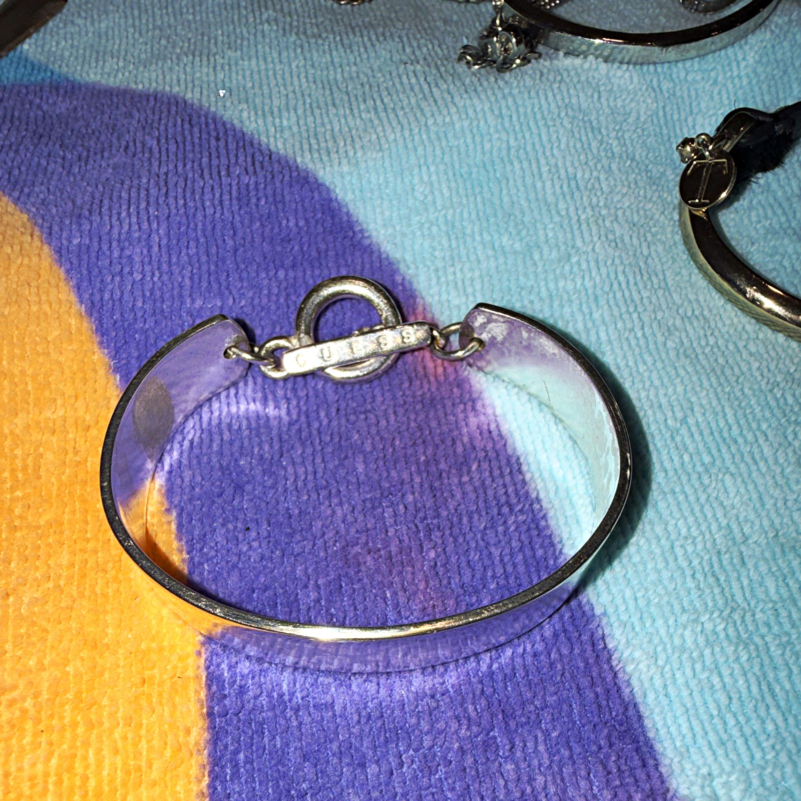 GUESS Silver Tone Signed Metal Toggle Bangle Bracelet, No Stone