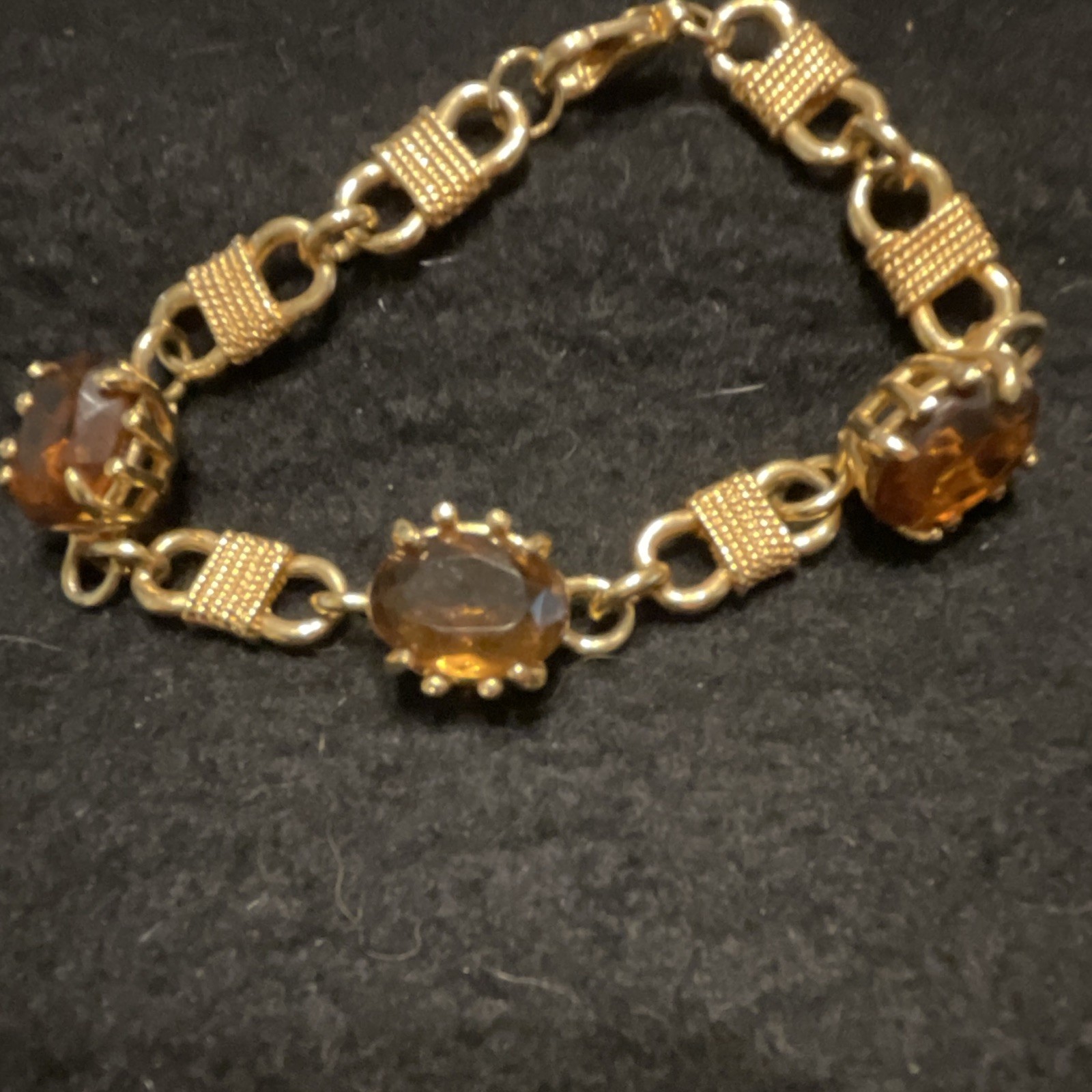 Gold Tone Amber Glass Prong Set Chunky Cable Chain Bracelet Lobster 7.5”