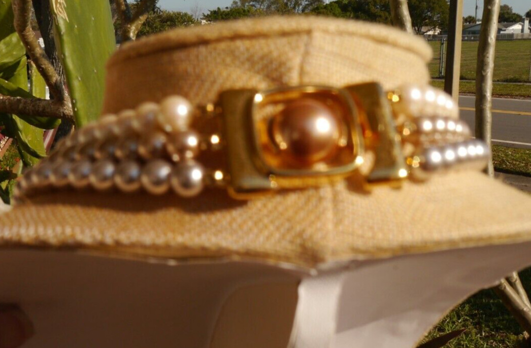 Monet Necklace Faux Pearl Gray Cream Champagne Triple Strand Ornate Box Clasp