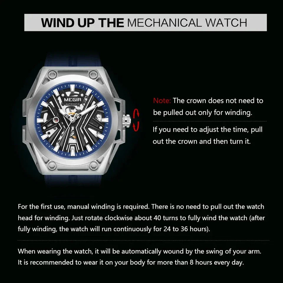 MEGIR Men Automatic Mechanical Watch Skeleton Dial Silicone Strap Waterproof8603
