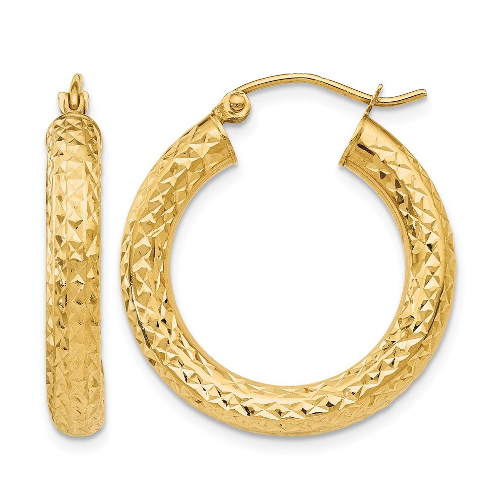 14K Yellow Gold Diamond-Cut Round Tube Hoop Earrings 4mm 0.7-2.0in All Sizes