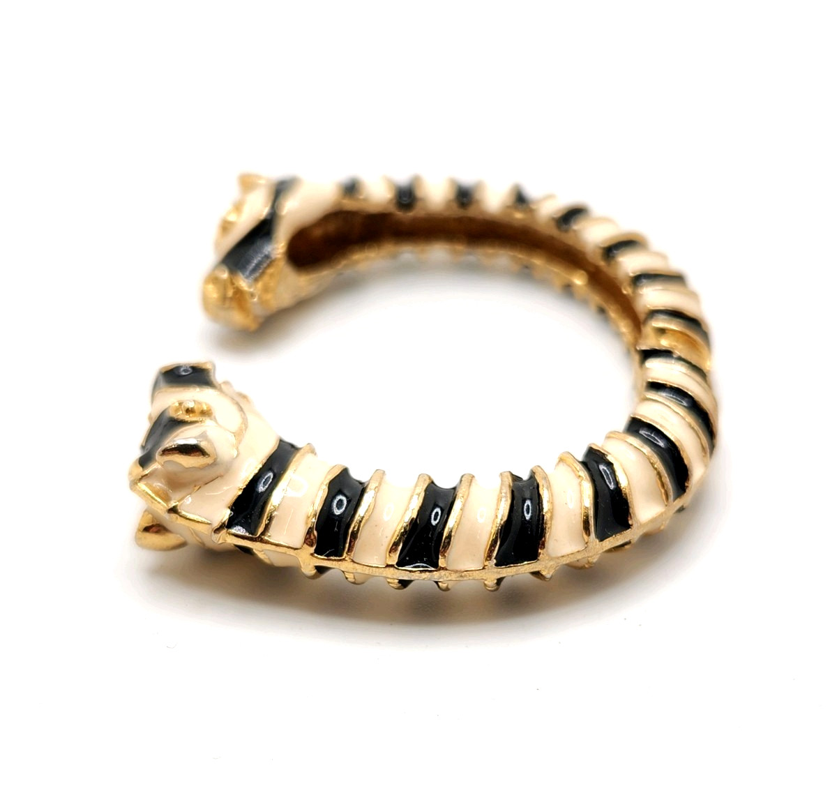 Kenneth Jay Lane Black & Cream Double Zebra Head Enamel Hinged Cuff Bracelet, 6″