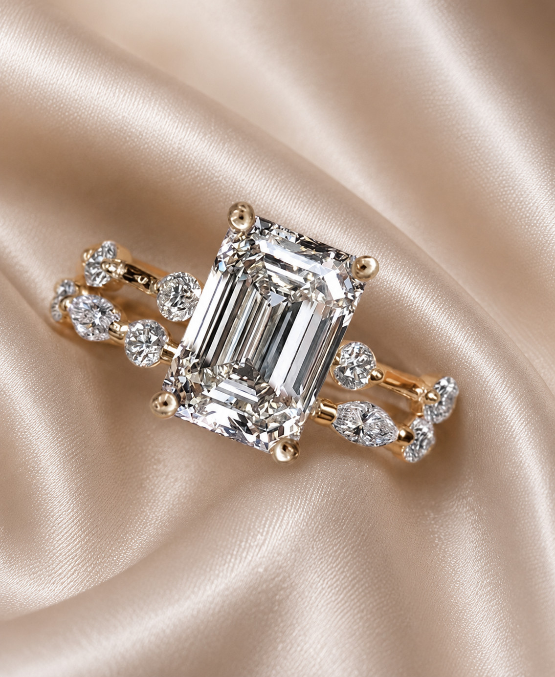 18K Yellow Gold IGI Lab Grown Diamond Wedding Ring Band Set 4.80 CT Emerald Cut