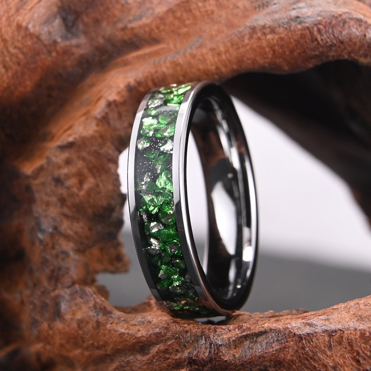 6MM Width Green & Clear Crystal Inlay Wedding Ring Tungsten Carbide Promise Ring