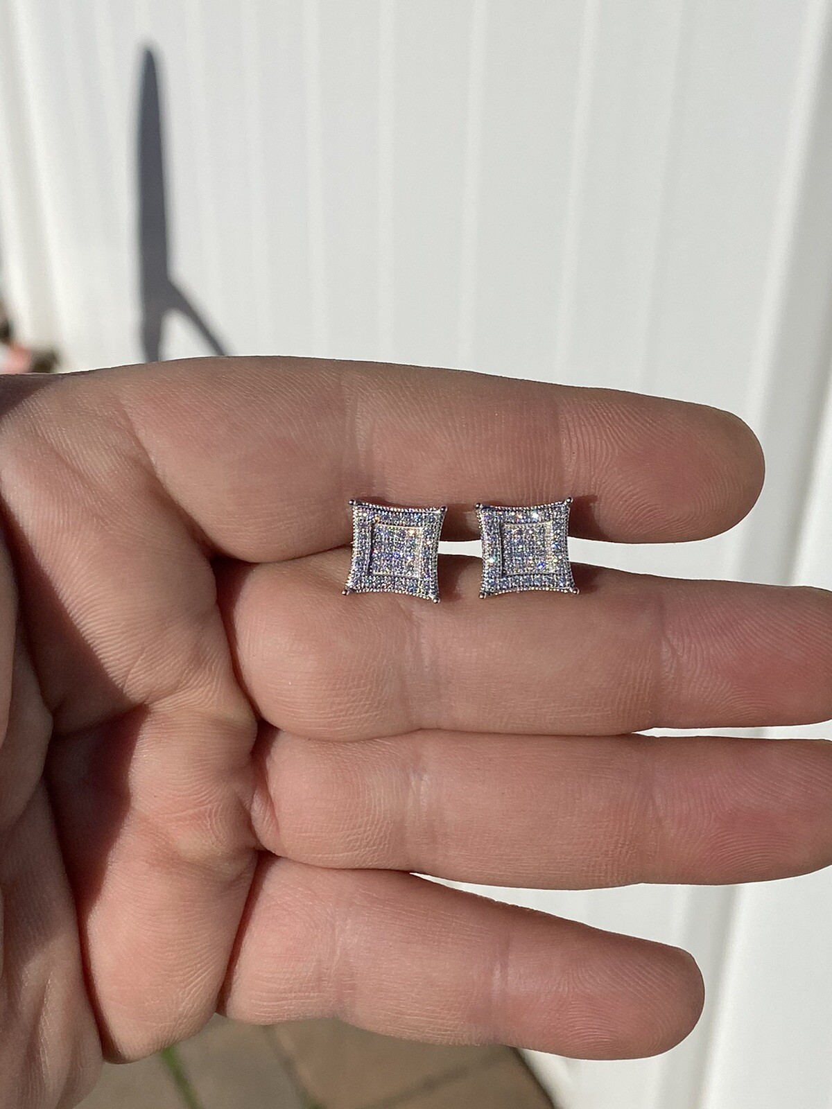 Mens Real 925 Solid Sterling Silver Kite CZ Hip Hop Iced Square Earrings 11mm