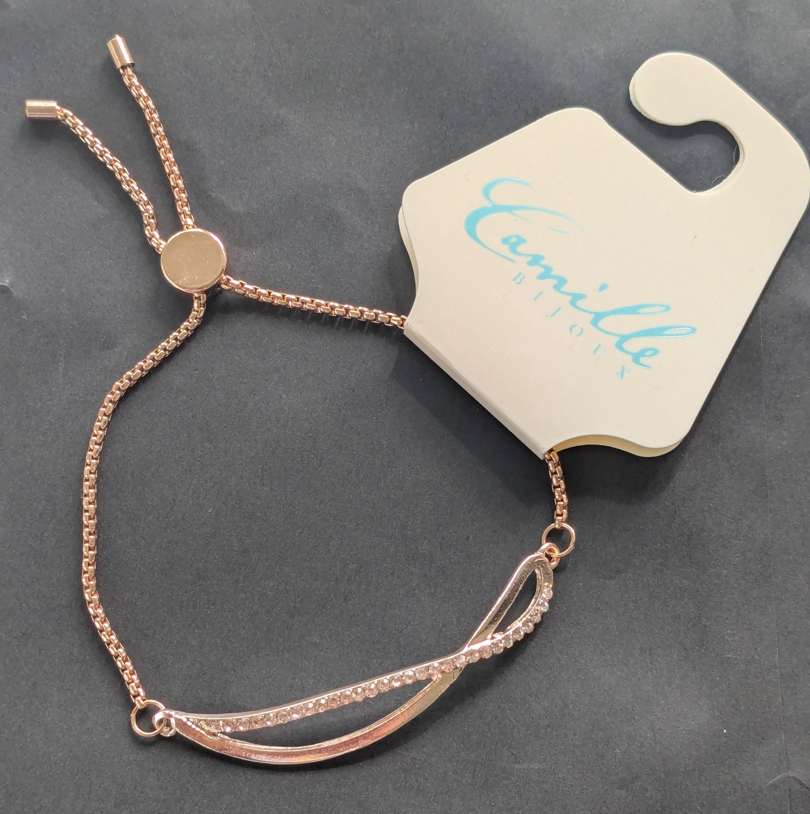 Camille Bijoux Rose Gold Bolo Slider Bracelet Adjustable Crossover Crystals B25