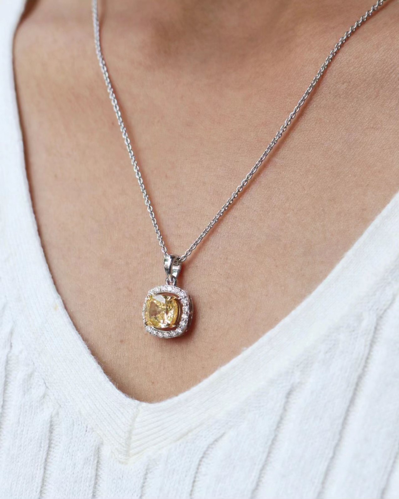 Cushion Yellow Moissanite Halo Pendant Necklace Valentine’s Day Gift for Her