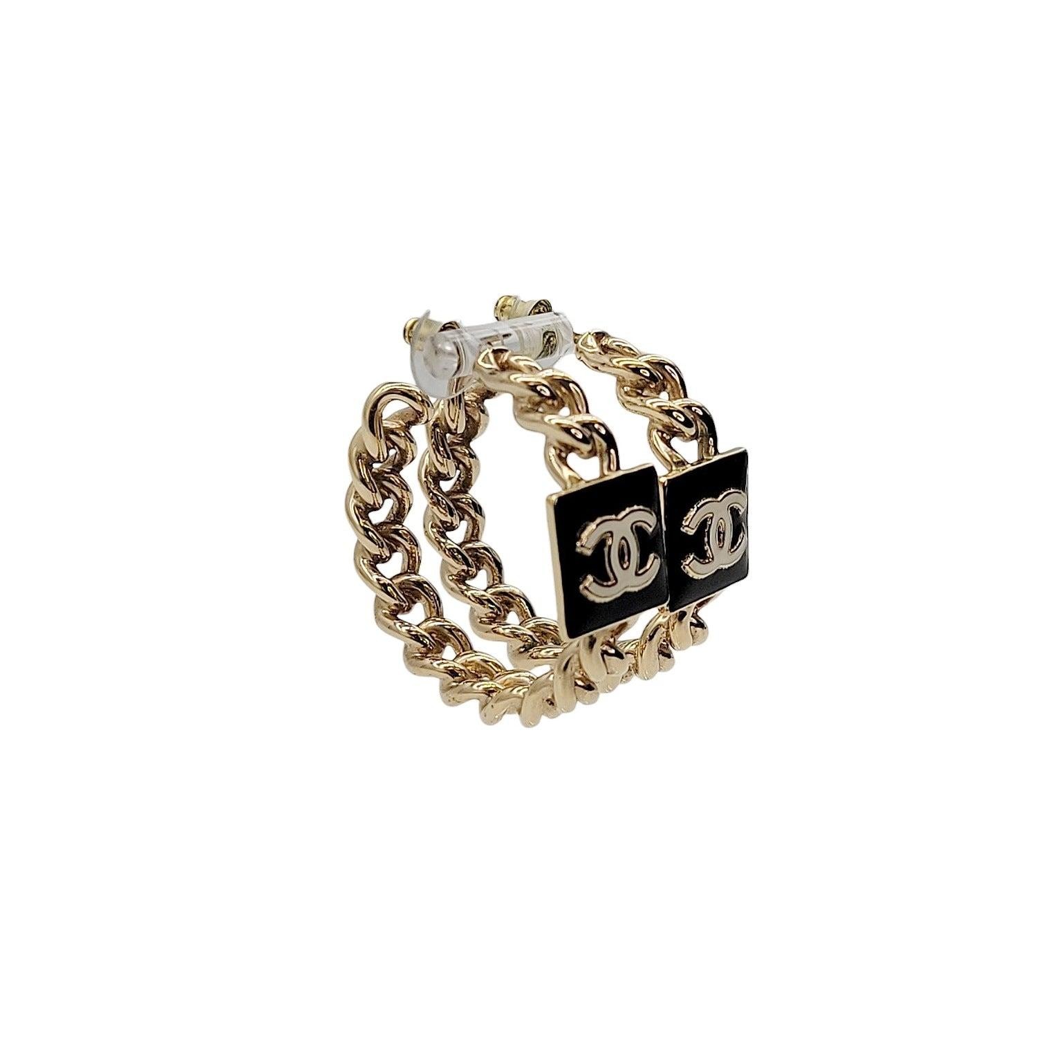 Chanel Metal Enamel CC Square Chain Hoop Earrings