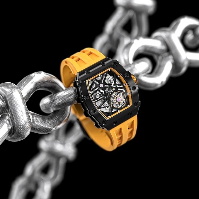 TSAR BOMBA Men’s Automatic Watch Tonneau Luxury Skeleton Yellow SGLZTB8209-F