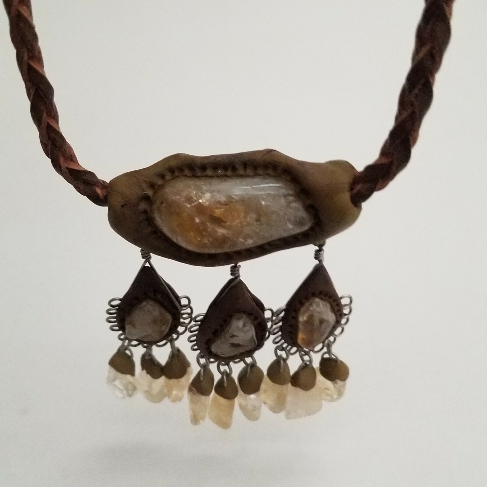 Artisan Crafted Semi- Precious Stone & Clay & Leather Necklace 18.5-20.5″
