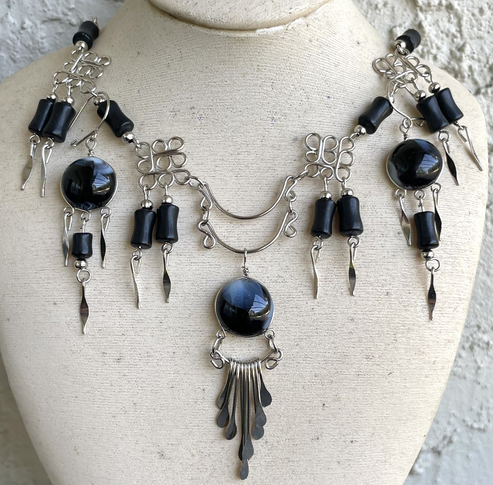 Peruvian Black White Swirl Glass Necklace Black Glass Earrings Set Hand-crafted