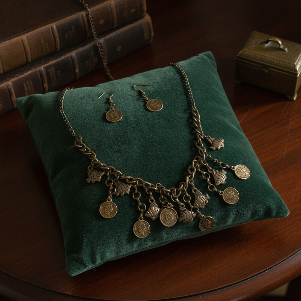 Vintage Boho Necklace & Dangle Earrings Set Unique Bronze Tone Lion Head Coin