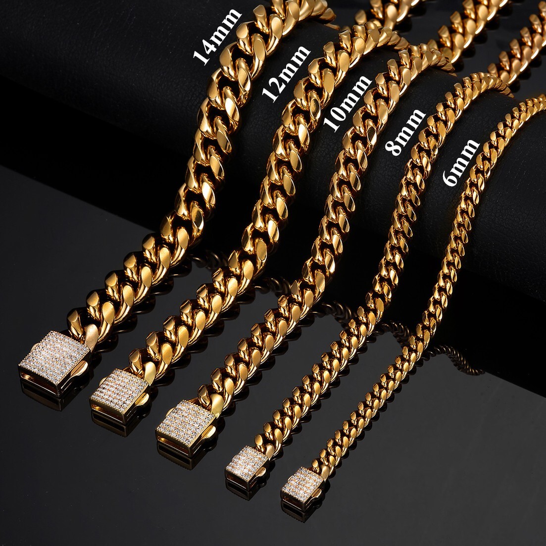 6-14mm Gold Tone Stainless Steel Miami Cuban Link Chain Necklace for Men Women