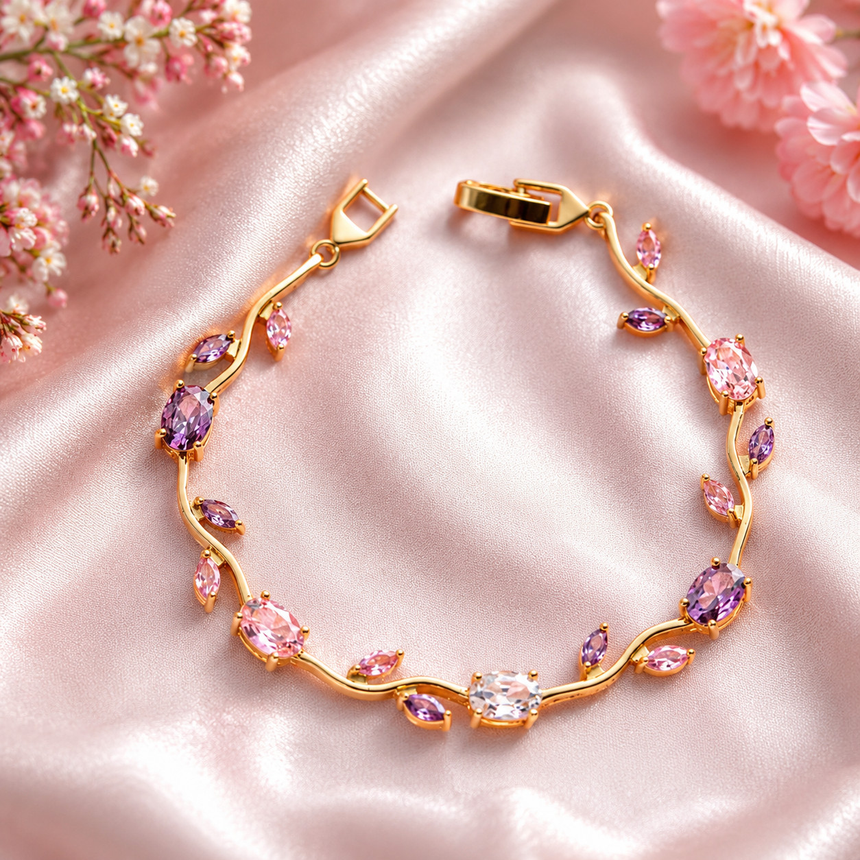 Luxury Gold Tone Pink & Purple Crystal Vine Bracelet | Elegant Floral Jewelry