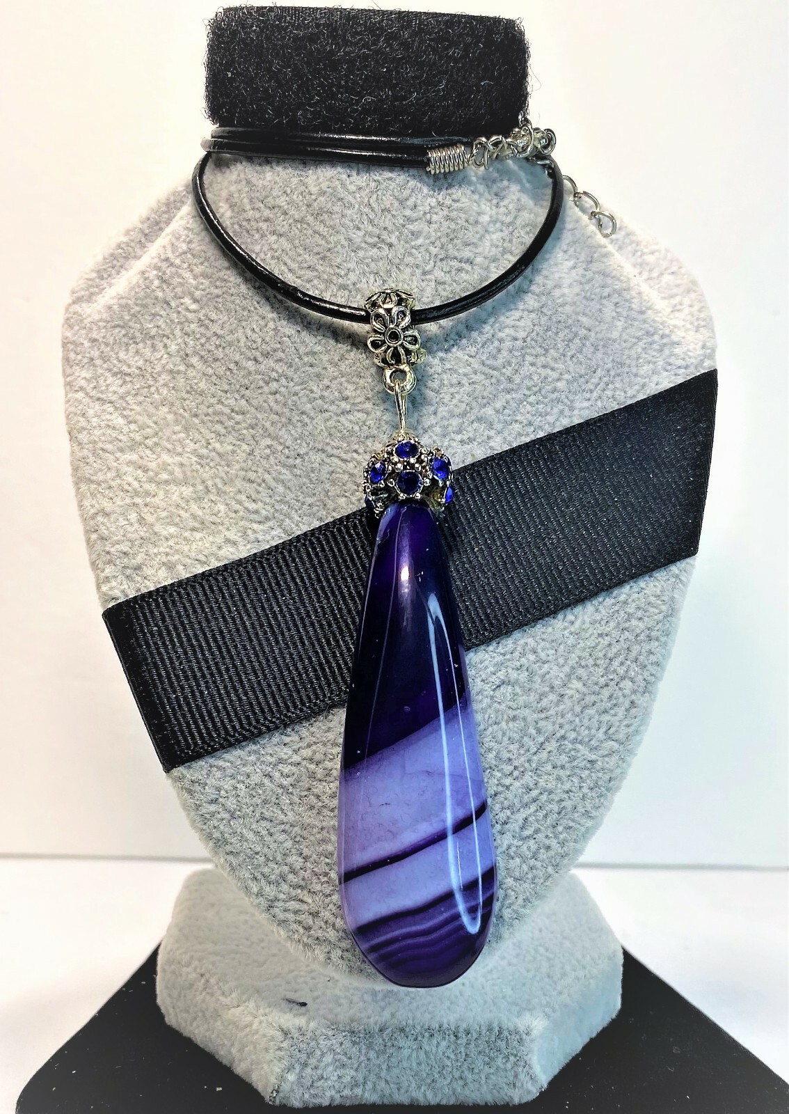 BLUE QUARTZ TEARDROP PENDANT SILVER TOP FREE BLACK LEATHER CHOKER CORD