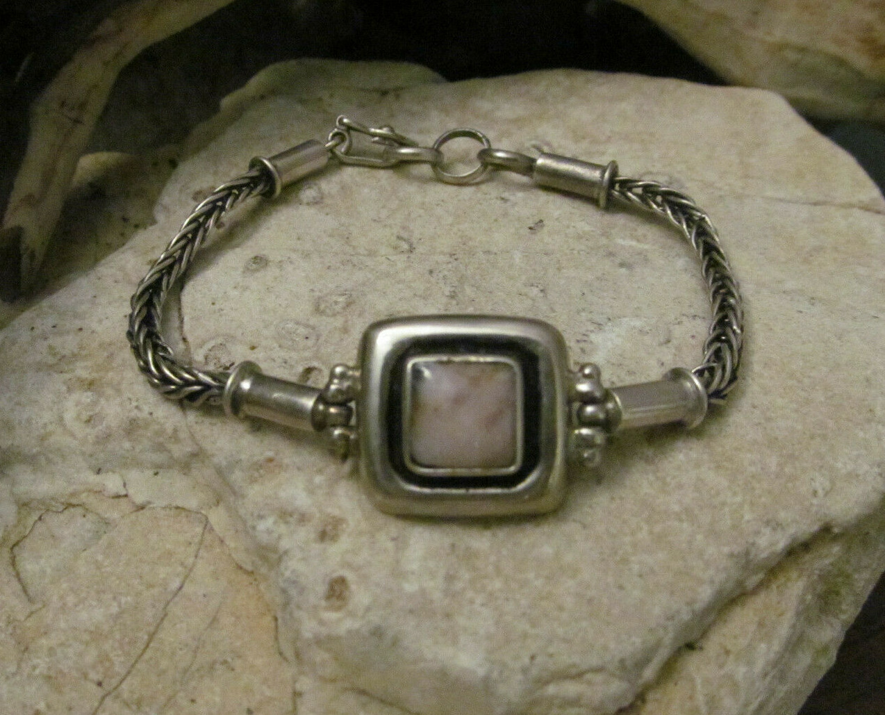 Vintage 925 Sterling Silver Wheat Link Square Tumbled Rhodonite Bracelet 13.0g