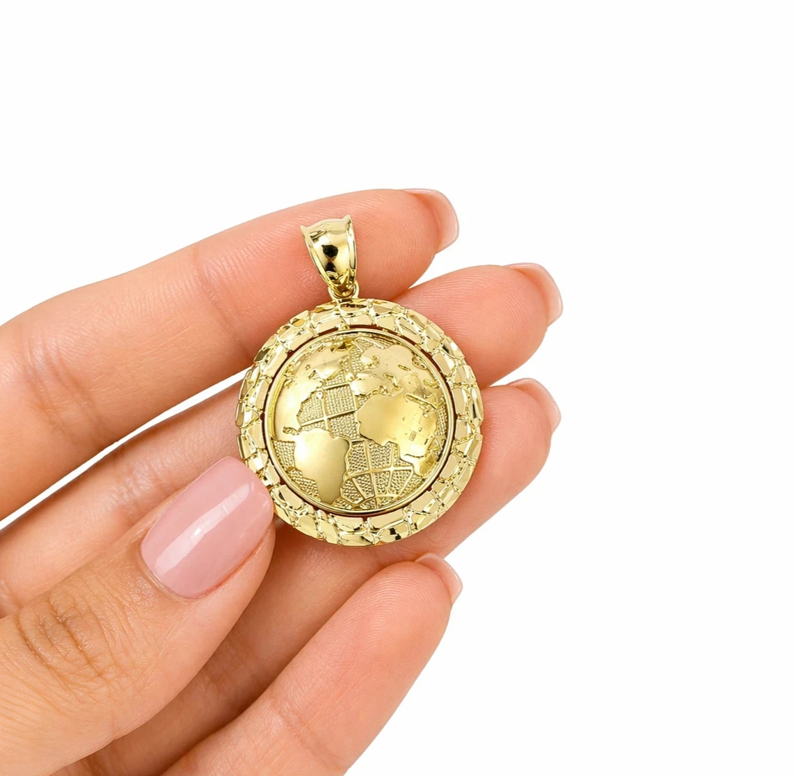 10K Yellow Gold Round World Map Pendant Globe Charm 1.5″ Unisex Jewelry