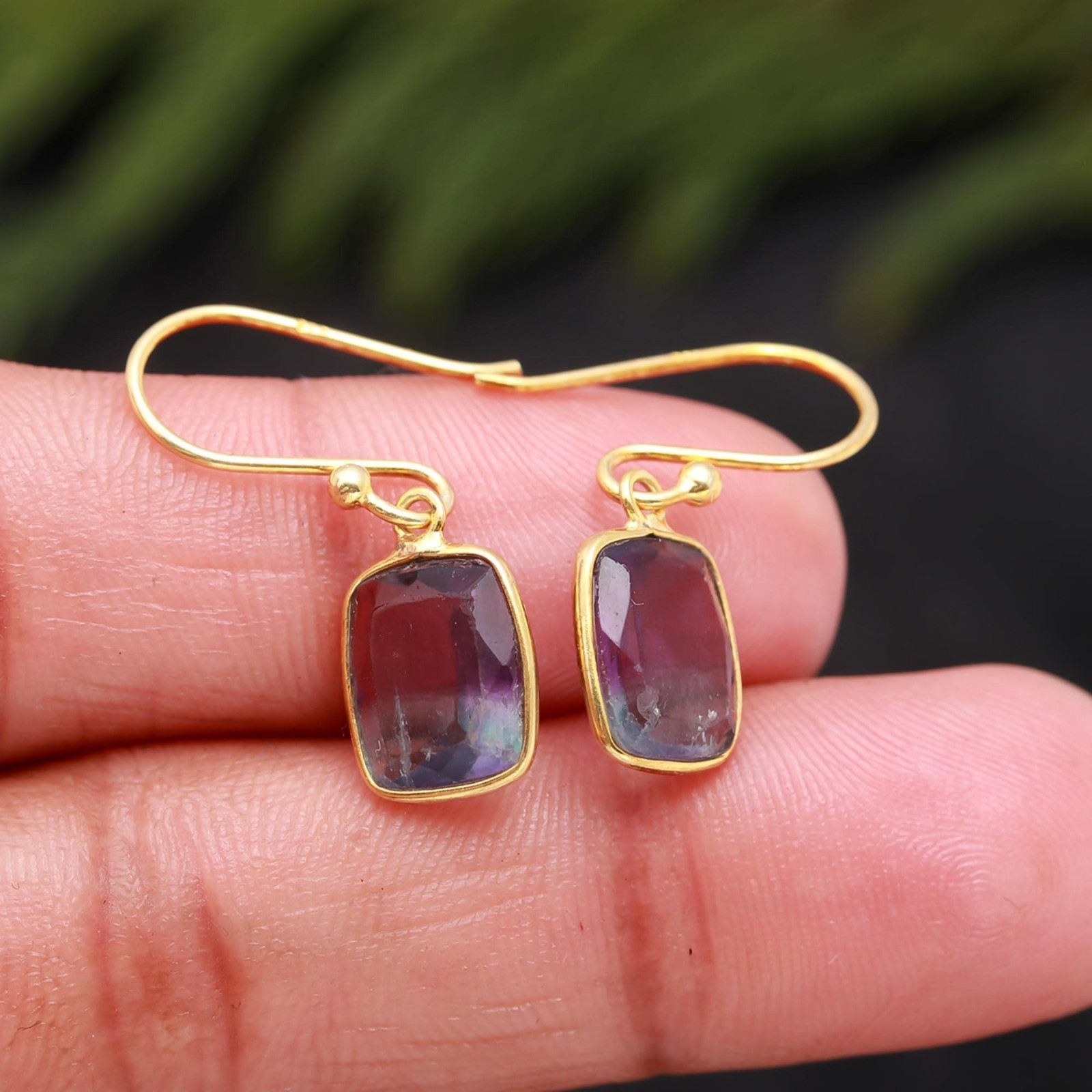 Natural Fluorite Rectangle Cut 925 Sterling Silver Handcrafted Earrings Jewelry