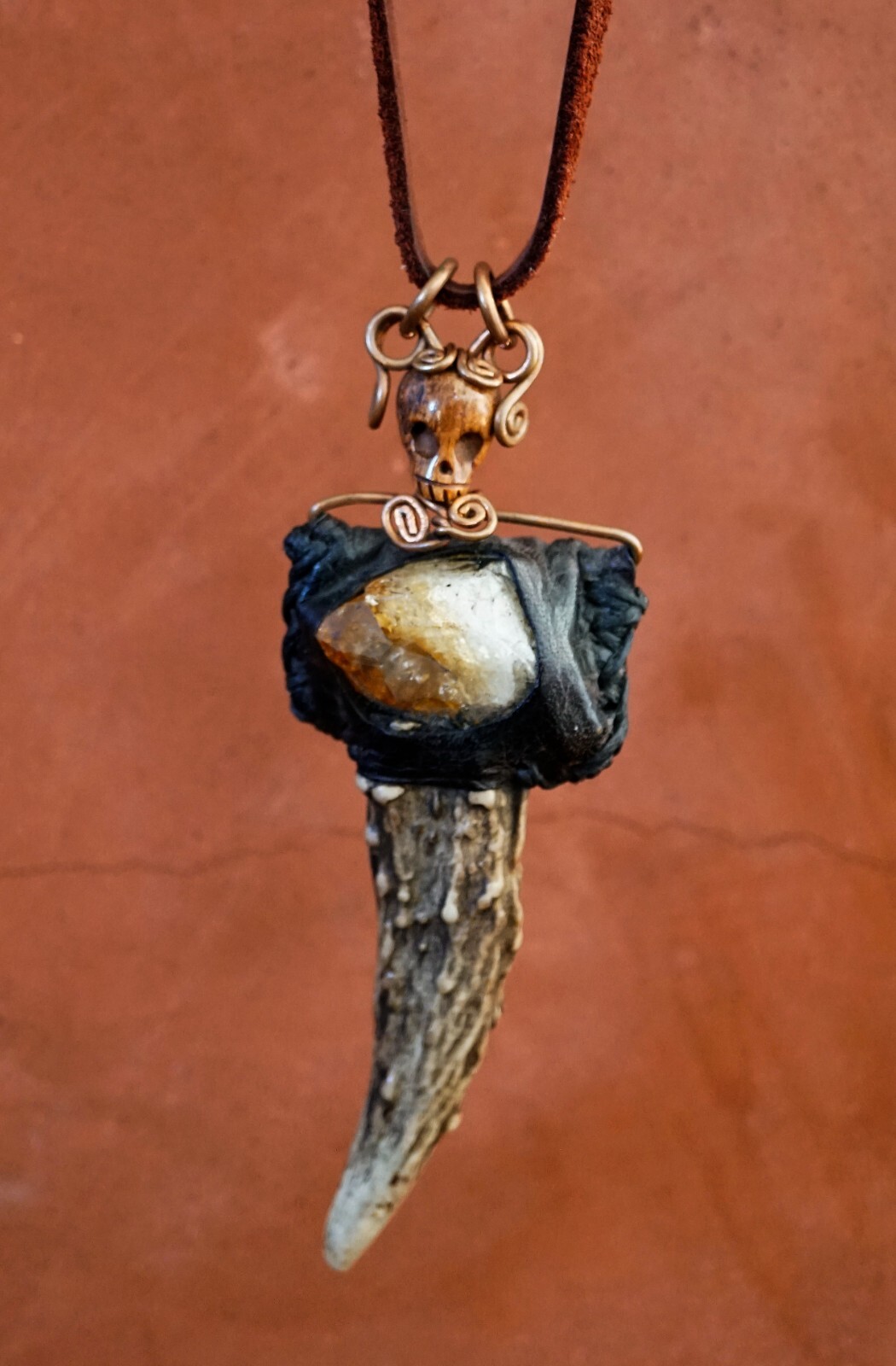Artisan Crafted Statement NECKLACE with Skull, Talon, Izida Gem Stitched Leather