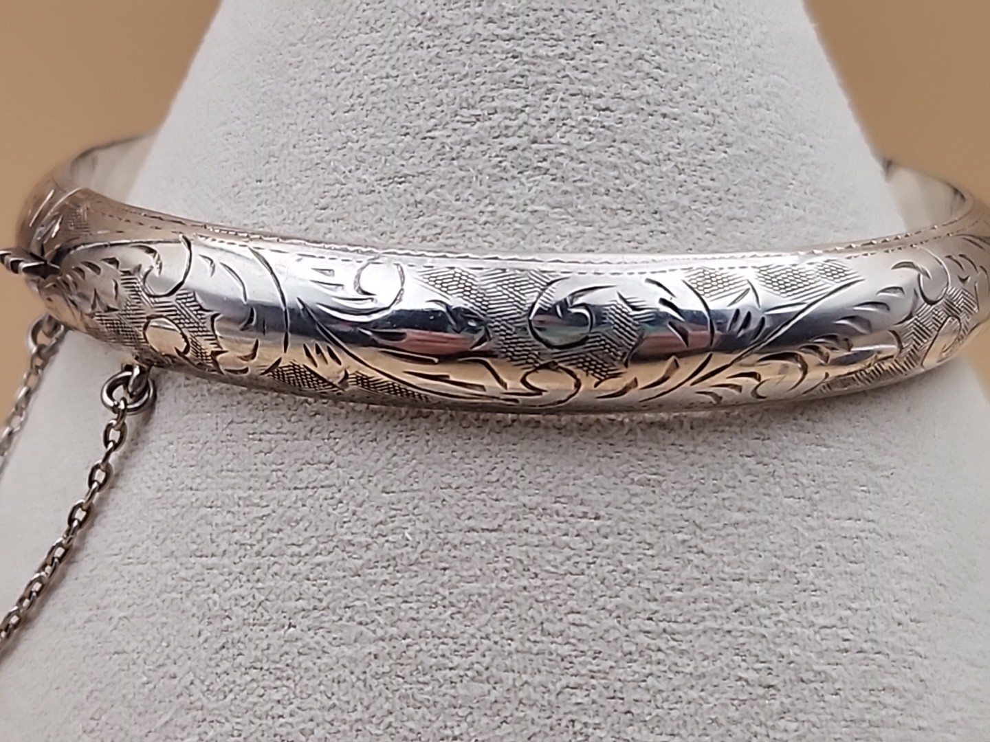 Sterling Silver Vintage Hand Engraved/Hinged Cuff Bracelet With Safety Chain