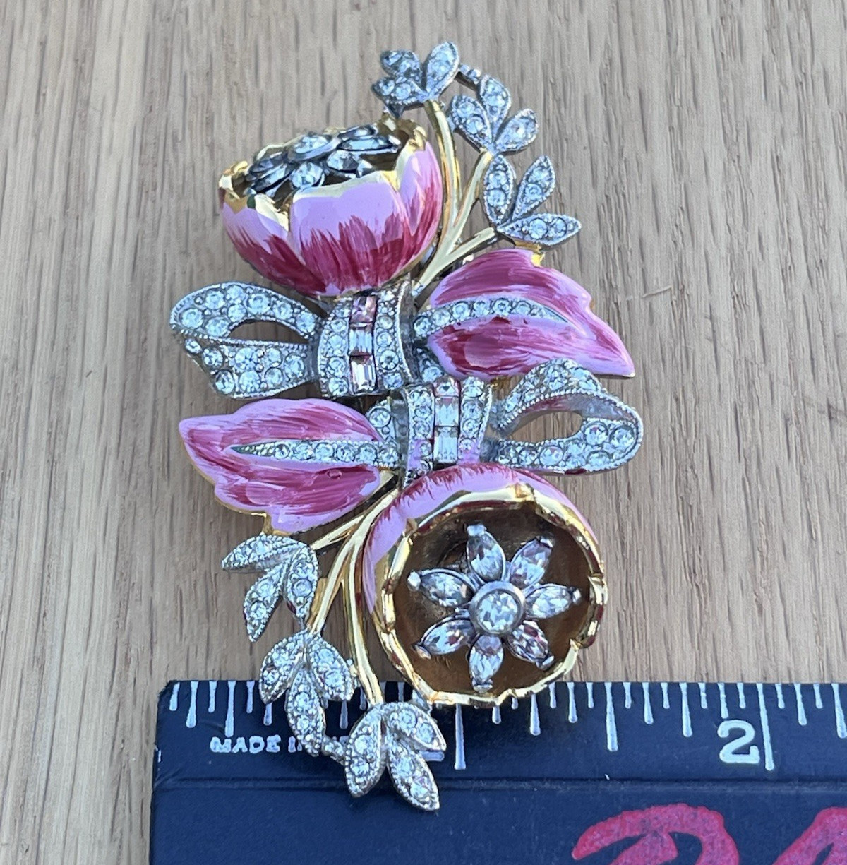 Antique Coro Pink Enamel Flower Trembler Quivering Camellias Duette Brooch Clip