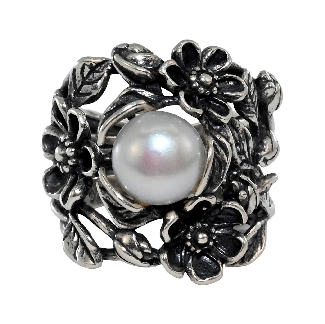 Paz Creations PZ Israel Solid 925 Sterling Silver Floral Pearl Ring! Size: 5.5!