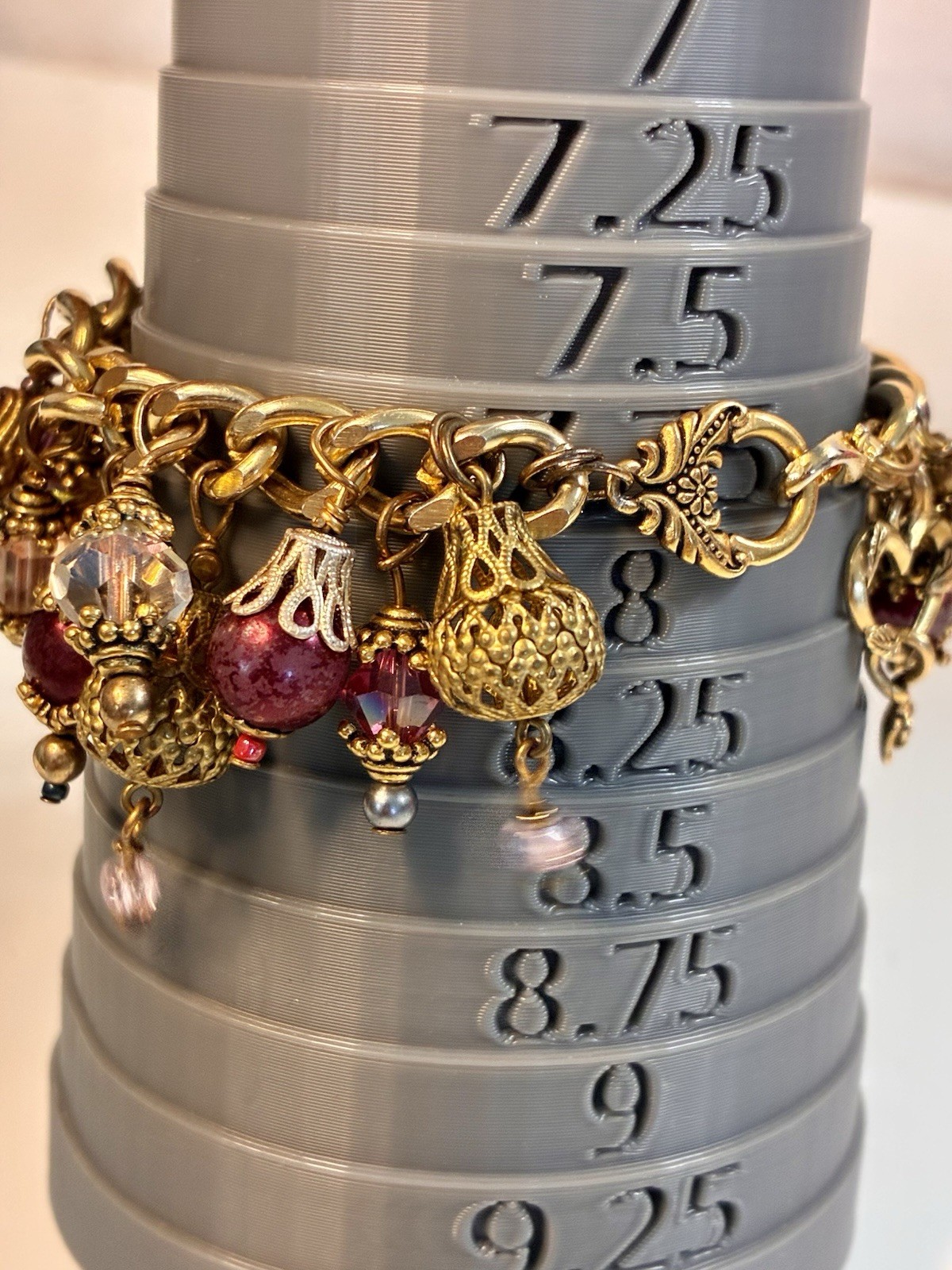 Gold Tone Cable Chain Charm Bracelet Toggle w/ Crystal Dangle Leaf Charms