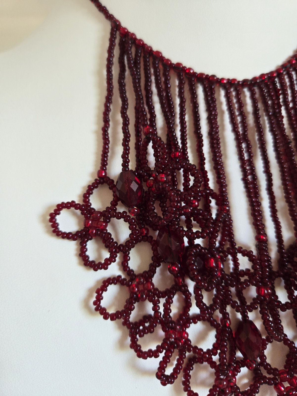 Artisan Hand Beaded Red Seed Bead Waterfall Fringe Flowers Statement Necklace