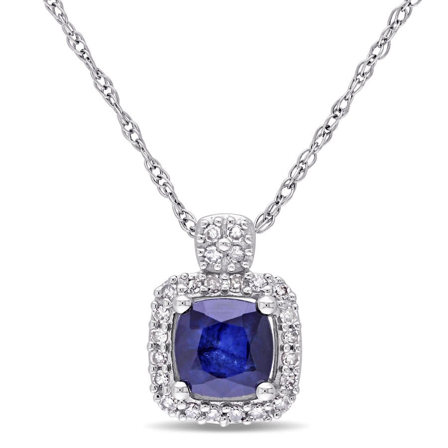 AMOUR 1/10 CT TW Halo Diamond and Cushion Cut Diffused Sapphire Pendant with