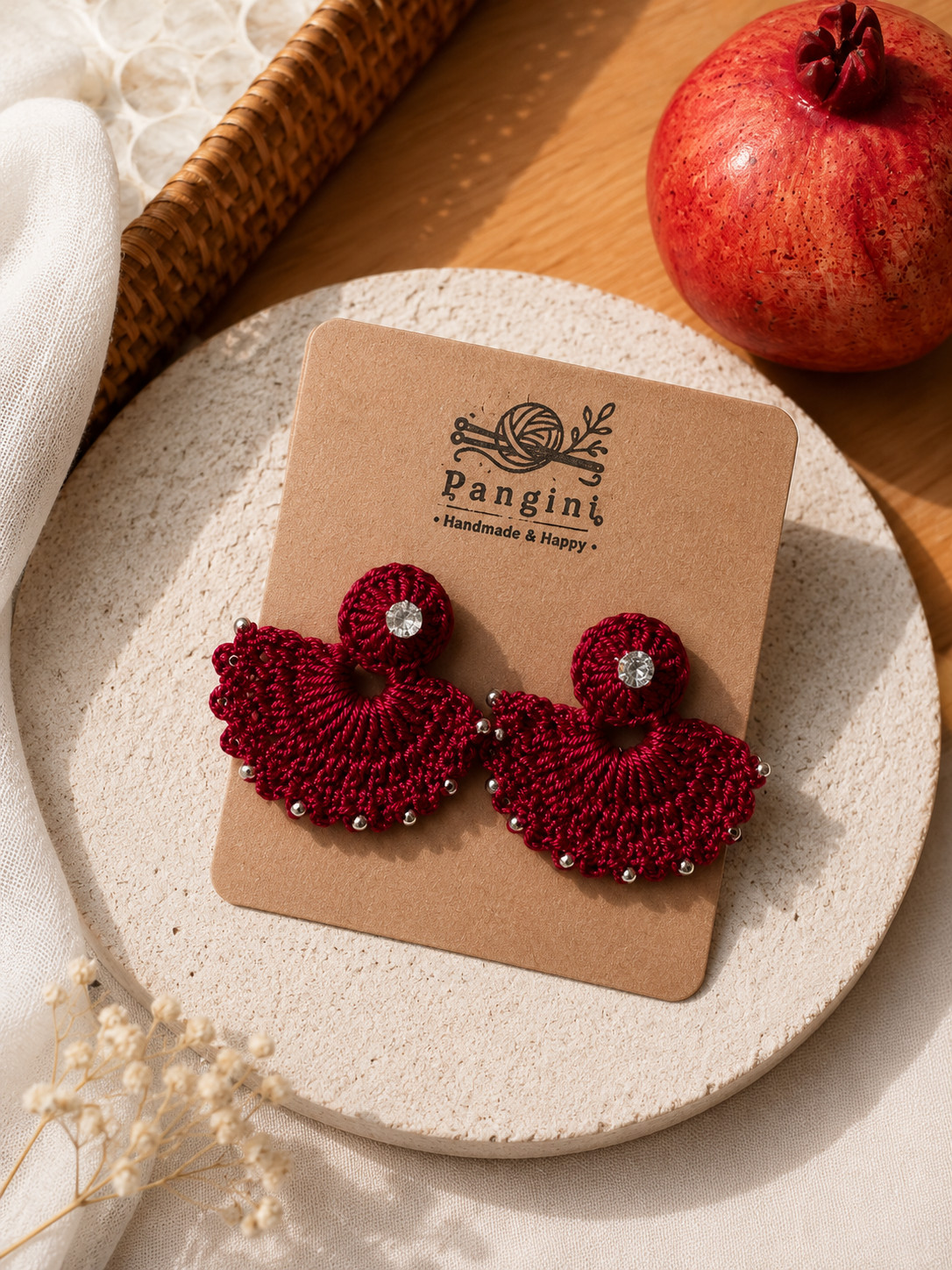 Handmade Crochet Dangle Earrings Burgundy Red Boho Statement Earrings