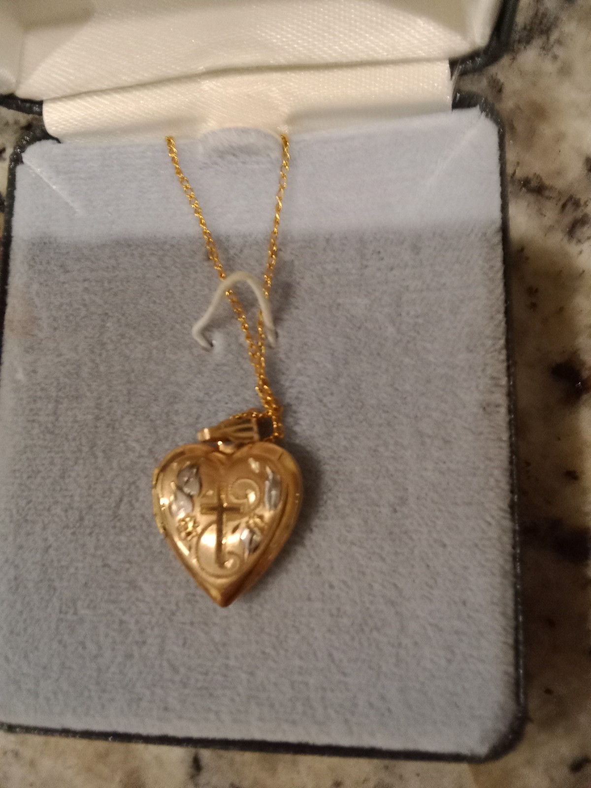 14k Gold Filled Necklace with Etched Heart and Cross Sherman 10″ L Cross 5/8″ L