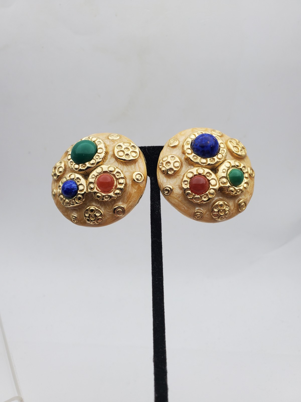 Vtg Mogul Earrings Colorful Cabs Enamel Red Blue Green Gold Tone 1.5″ Signed RLF