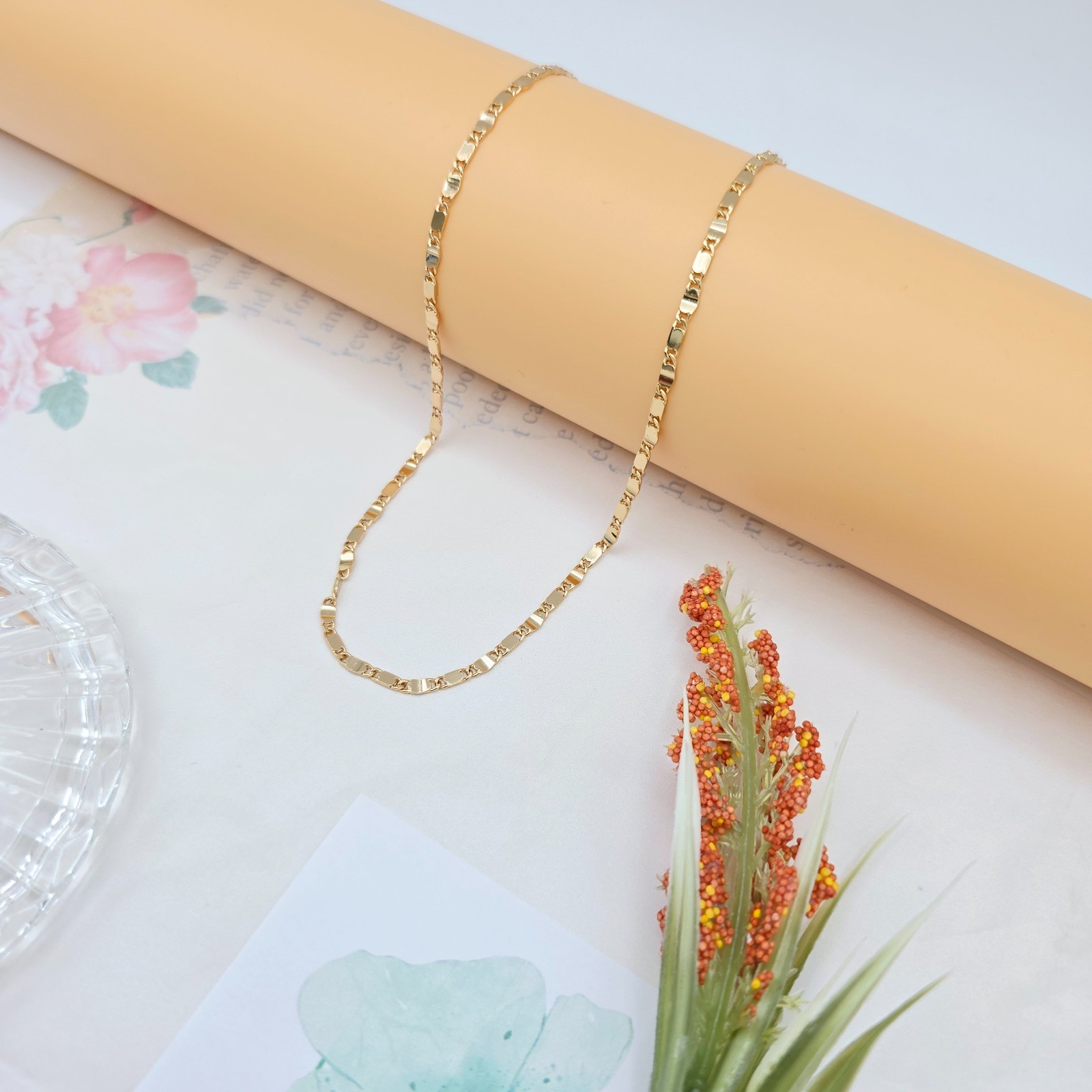 Rose Gold Flat Link Chain Necklace 45+5cm / 17.7+2 Inch Adjustable, XPNL0021