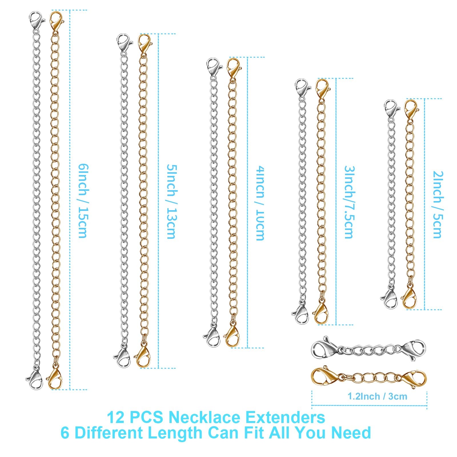 12 Pcs Extender /Safety Chain Extender Necklace Bracelet Lobster lock 1″ To 6″