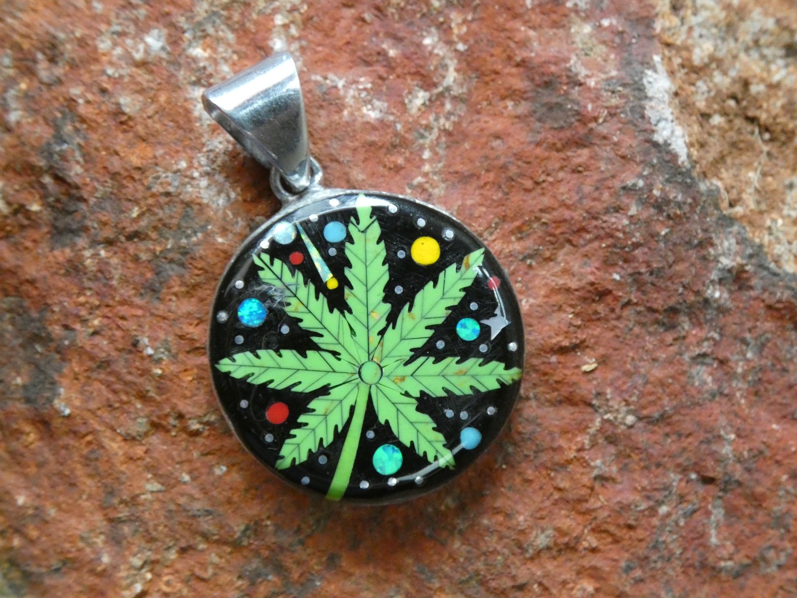 Marijuana Leaf 420 Gemstone Opal Aluminum Sterling Silver Alloy Pendant AS95