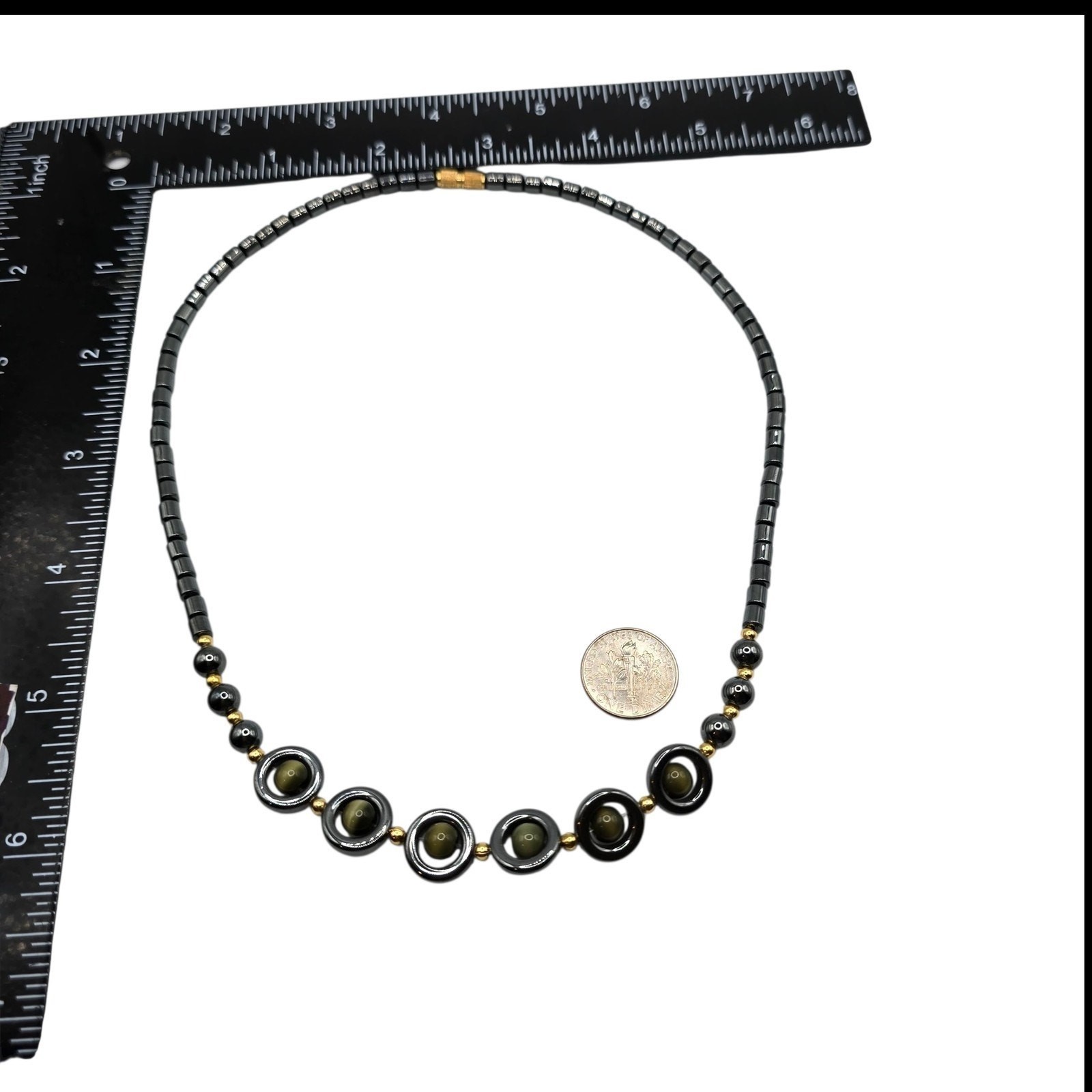 Vintage Necklace Hematite Black Gray Tiger Eye Beads Artisan Style 16″ SKU 2359