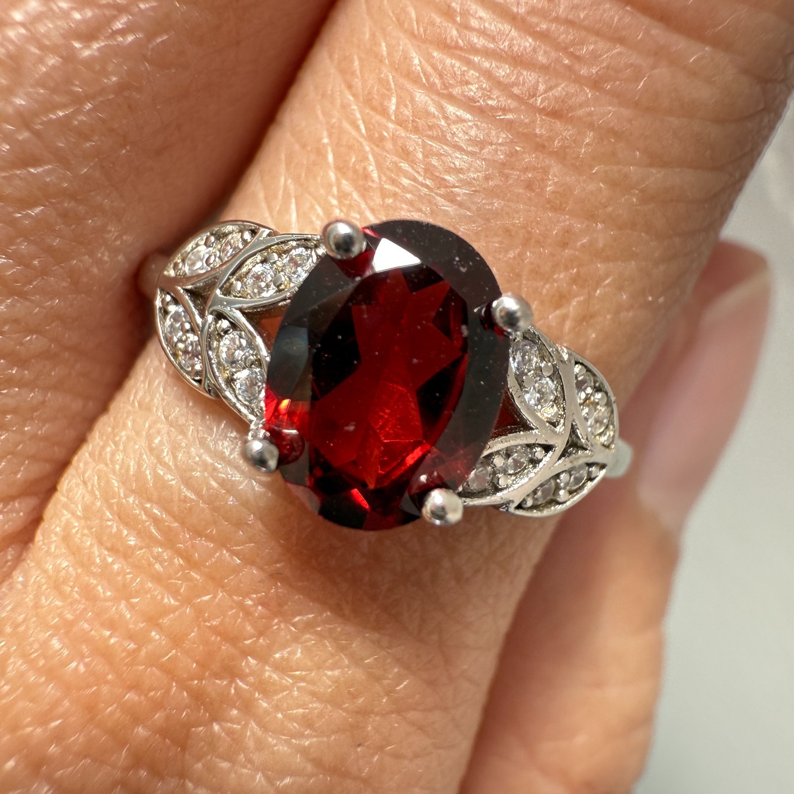 925 Sterling Silver Ring 8x6mm Natural Rhodolite Garnet Gemstone Zircon Flower