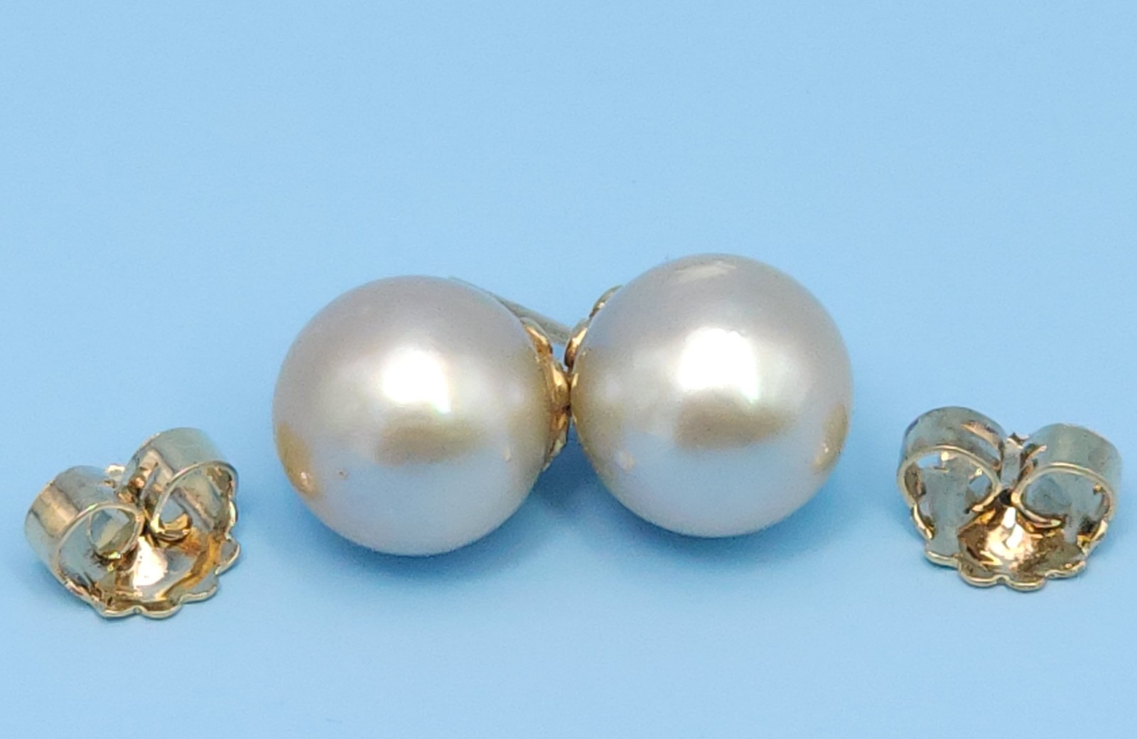 18K Yellow Gold South Sea Cultured Cream Champagne Pearl 12mm Stud Earrings 7g