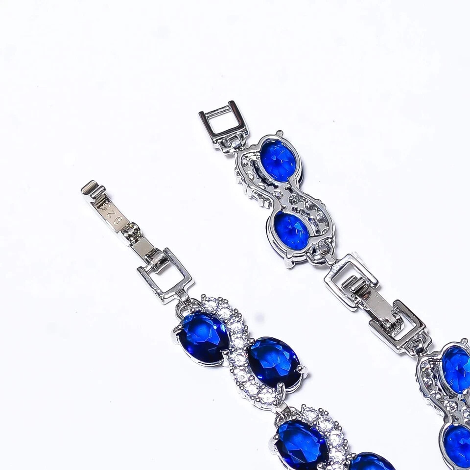 10Ct Oval Cut Simulated Sapphire Fancy Tennis Bracelet 925 White Sterling Silver