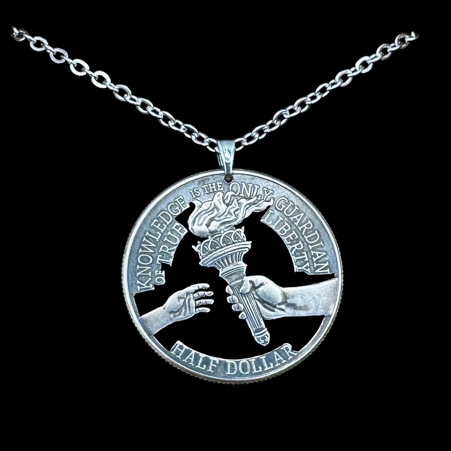 U.S. 2026 “Knowledge is Liberty” Half Dollar Hand Cut Coin Necklace 18″ NEW